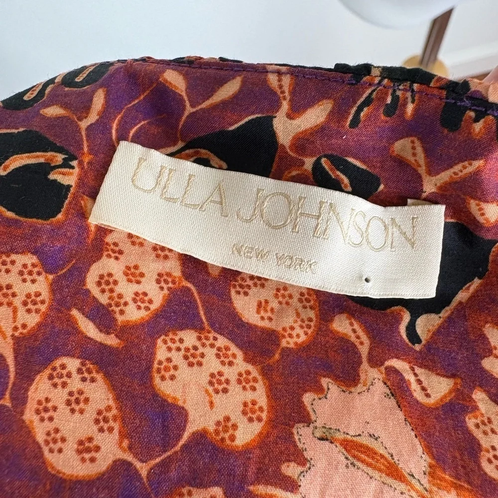 ULLA JOHNSON Kiri Dress Floral Print Ruffle Dress 100% Cotton Orange Size 10